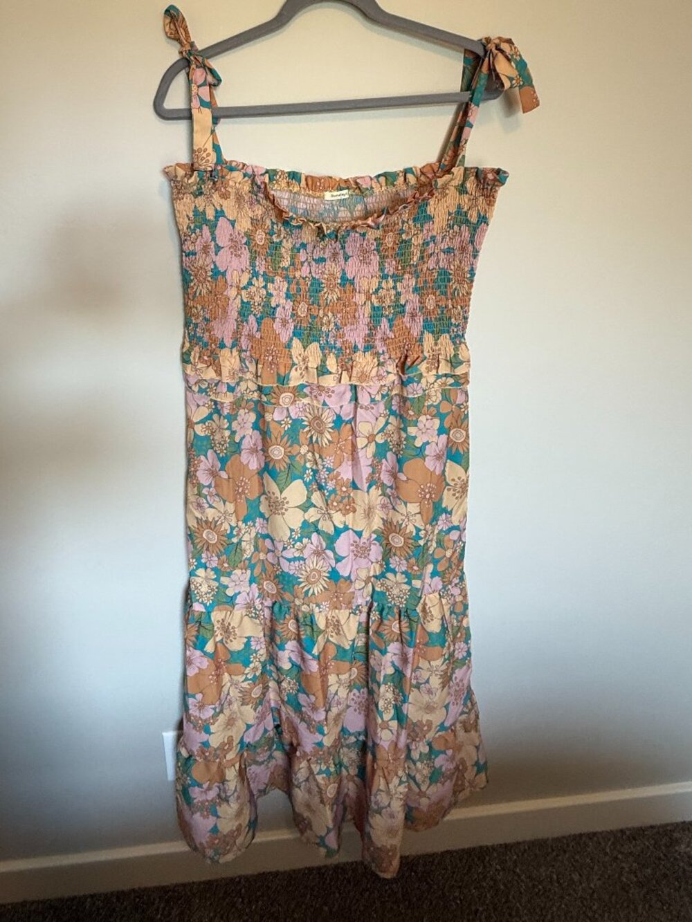 Sunday Up Floral Smocked Tie Strap Midi Dress Boho Cottagecore NWOT